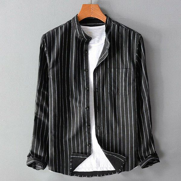 

men's casual shirts fashion vintage long sleeve shirt collarless button linen causal tee autumn striped single bressted, White;black