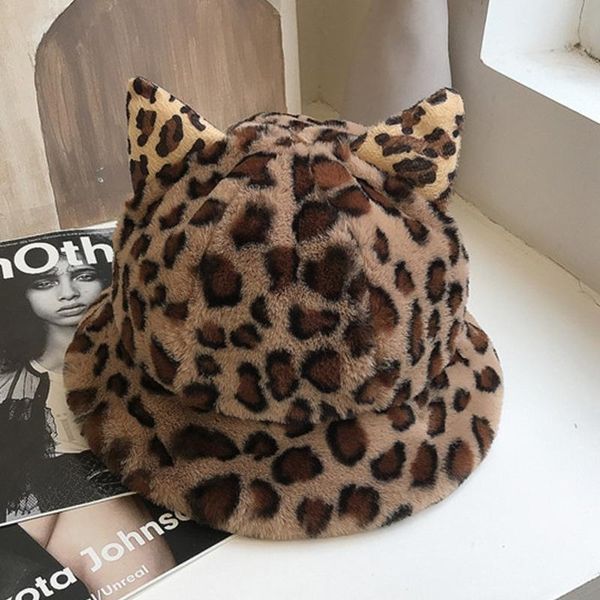 

women winter thicken fuzzy plush dome bucket hat korean cute cartoon cat ears leopard solid color warm fisherman cap, Blue;gray