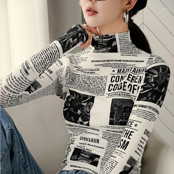

women's turtlneck blouse 2019 new fashion elegant slim newspaper printed long sleeve shirt personality fall blouse1, White
