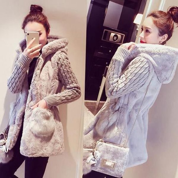 

women's fashion fleece knitted winter long sleeves hooded jacket overcoat wool fur coat women, Black