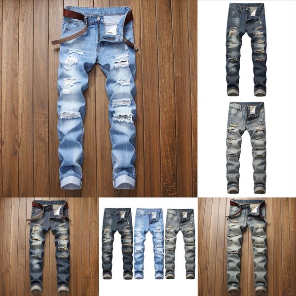 

ljqhq brand designer famous men fashion ripped denim jeans man rip jeans regular man distressed hole jeans biker pleated washed joggers, Black