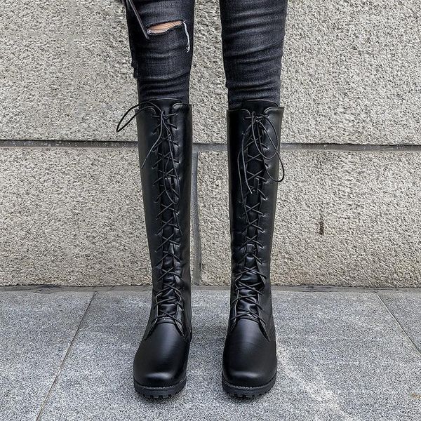 

boots ymechic 2021 winter chunky heels long knight motorcycle gothic punk lace up black cross tied women's shoes large size1