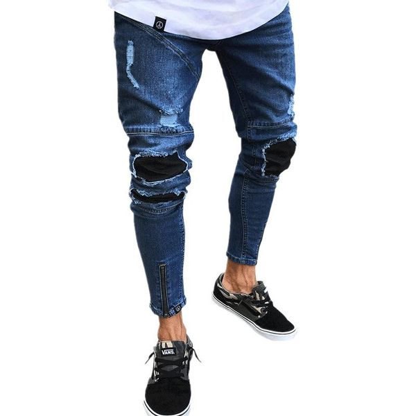 

мужские джинсы весна-лето slim fit straight jeans мужской ripped hole эластичность эластичный молния denim карман брюк, Blue