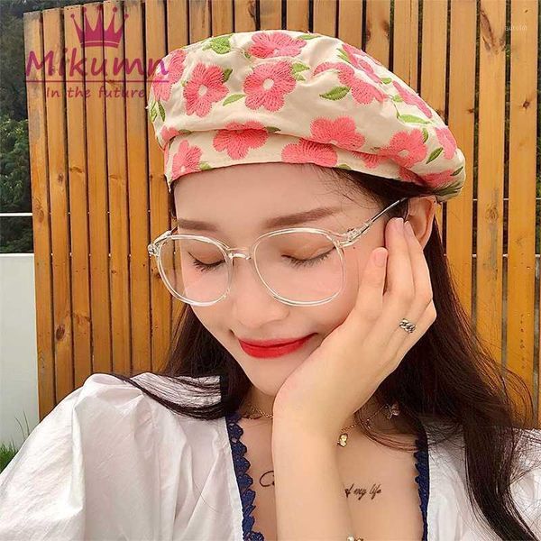 

yellow purple white pink sweet embroidered flower beret hats for women caps painter hats1, Blue;gray