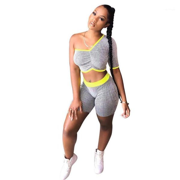 

casual stripe two piece one shoulder short set1, White