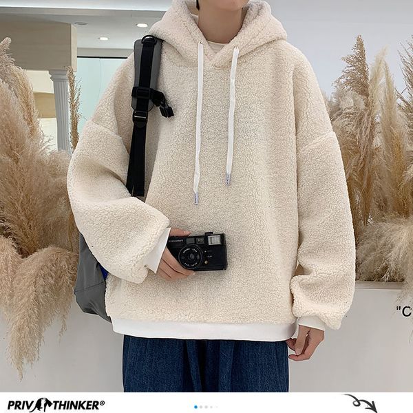 

2021 new privathinker autumn winter korean men's lamb wool warm fleece hooded sweatshirts for men woman casual hoodies tvnt, Black