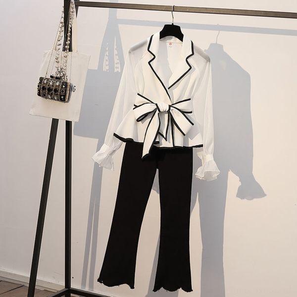 

single large women's 2020 new fat sister casual fashion shirt denim pants trumpet pantsshirt trumpet pantsflared pants two piece suit f, Gray