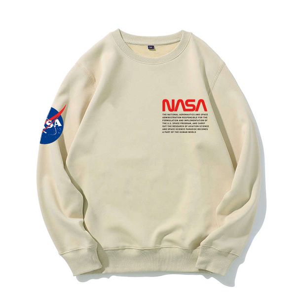

nasa co branded sportswear male astronaut autumn winter round neck plush loose coat couple hoodless fashion ins long sleeve, Black
