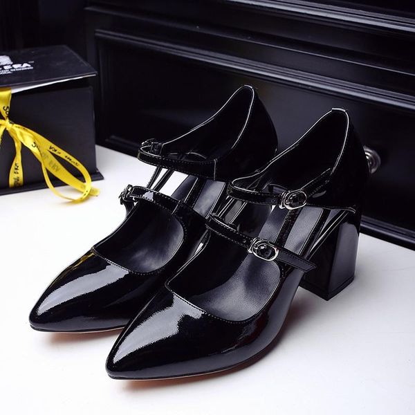 

women pumps buckle high heels shallow casual patent leather pointed toe fashion sping/ autumn women party dress shoes pumps, Black