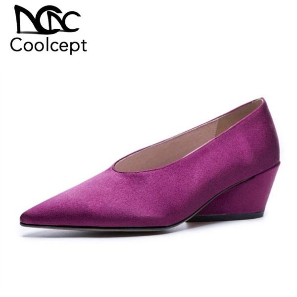 

coolcept новые женщины насосы натуральной кожи остроконечные toe sexy женская обувь клинья партии lady офис повседневная обувь женская разме, Black