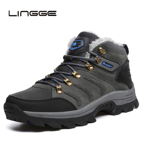 

lingge men winter boots men ankle boots quality suede leather snow warm fur plush outdoor walking shoes plus size 47, Black