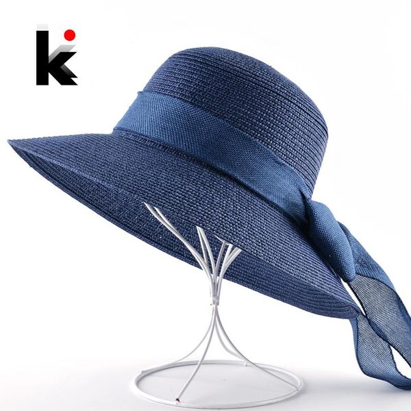 

wide brim hats women's summer straw hat bow-knot sea beach wde sun cap women uv protection floopy panama ladies chapeau feminino, Blue;gray