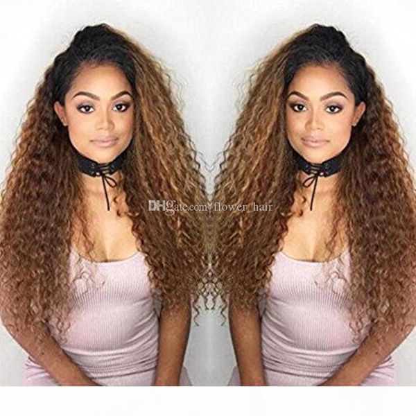 

1b 30# kinky curly ombre full lace wigs human hair two tone with baby hair glueless full lace wigs brazilian for women, Black;brown