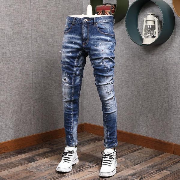 

new blue jeans holes autumn for men's slim fit small feet trend stitching old patch and splash denim jeans men moda hombre 2020