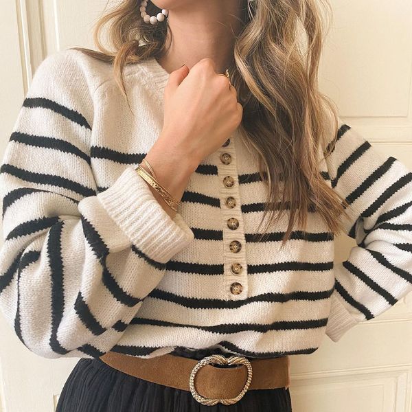 

striped cotton knitted pullover women autumn winter long sleeve v neck vintage chic sweater chic oversize jumper pull 201130, White;black