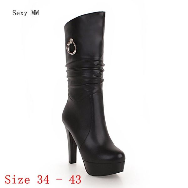

spring autumn women mid-calf boots high heels platform pumps woman short boots shoes plus size 34-40 41 42 43 botas, Black