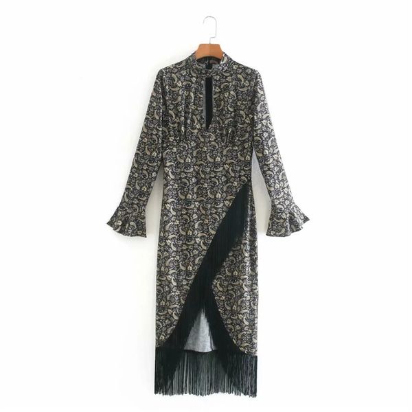 

2021 new autumn fringed printed midi dress women vintage pleated high neck ruffle sleeve long ladies elegant dresses oogn, Black;gray