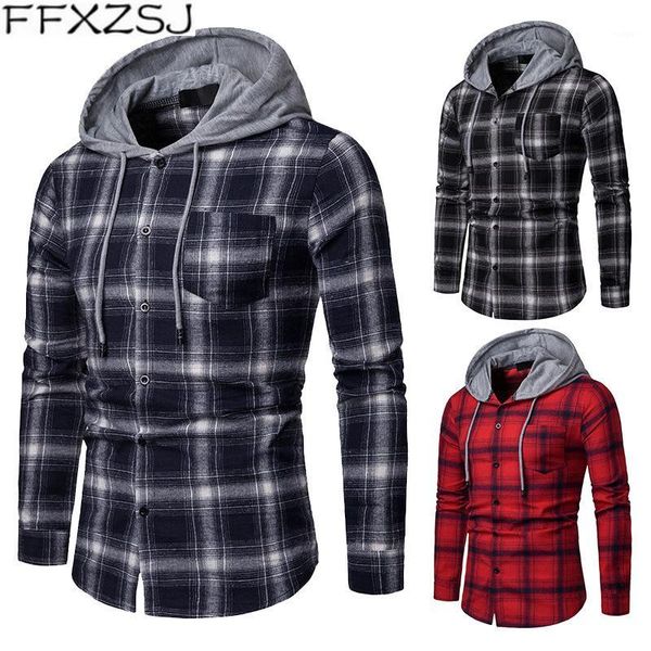 

ffxzsj brand men's casual spring and autumn plaid hooded long-sleeved shirt european size1, White;black