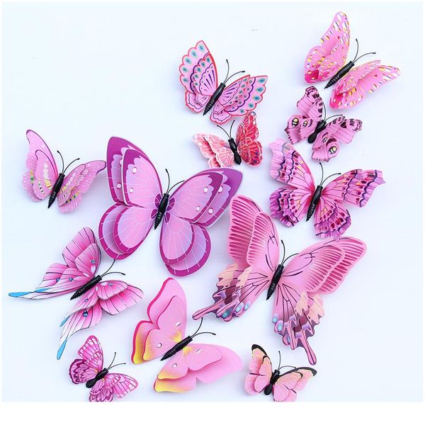 

12 шт. multicolor двойной слой крылья 3d наклейки на стену бабочка магнитные pvc бабочки партия детская спальня холодильник декор wmtzmo