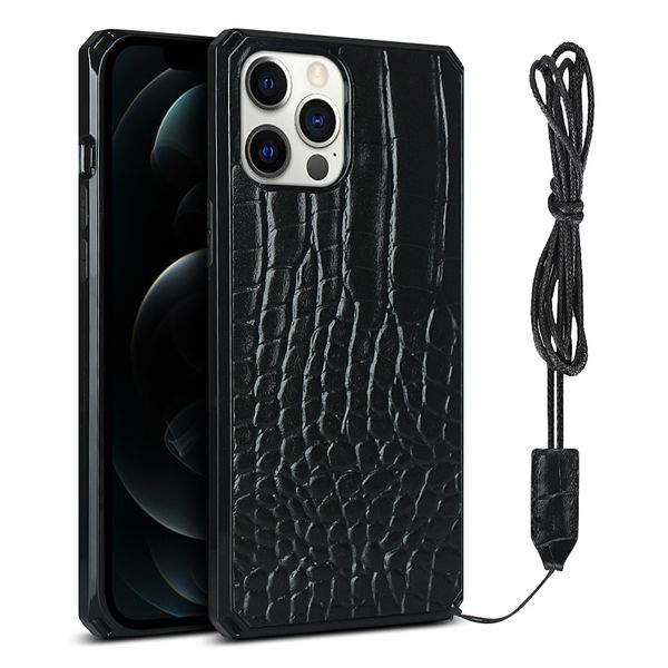 Luxo Casos traseiros à prova de choque de couro de crocodilo de luxo com cordão de corda para iPhone 12 11 Pro Max XR XS x 7 8 Plus mini capa de estojo de alta qualidade