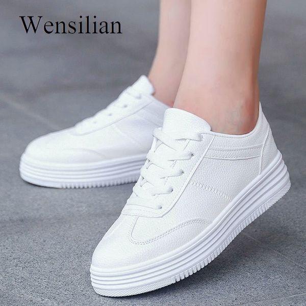 

women's vulcanize shoes sneakers women white platform sneakers pu leather shoes ladies casual thick sole flats zapatillas mujer y200109, Black