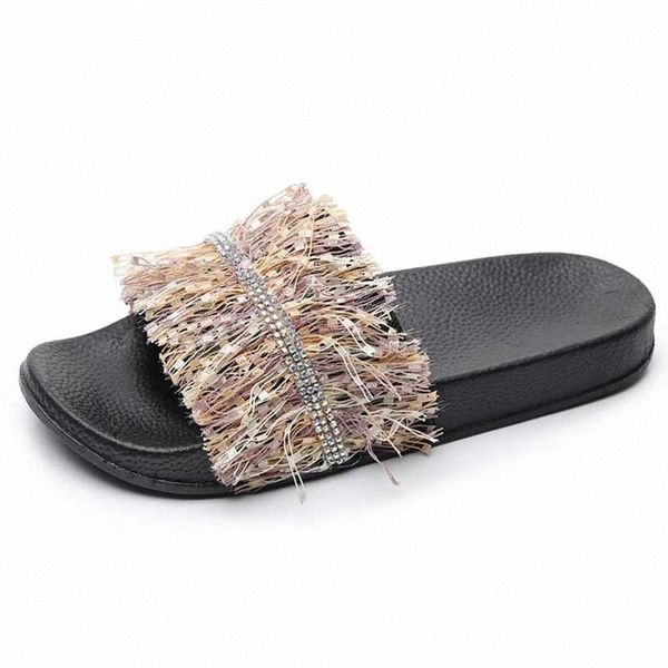 

summer flat sandals woman 2020 ladies fashion flash drilling sandals beautiful women tassel all-match sandalias mujer plus size #w78e, Black