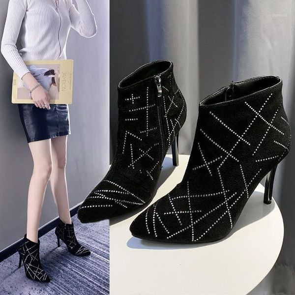 

fashion pointed short boots and bare pearl tube women's thin heel high heels women's1, Black