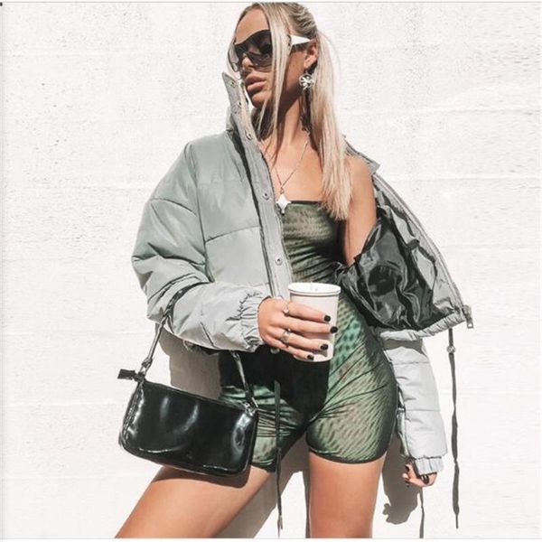 

winter 2021 women lapel pure color reflective long sleeve slim cotton-padded clothes streetwear thick warm short grey outerwear1, Black