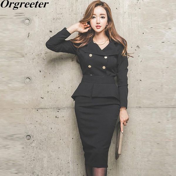 

business work 2 piece sets womens 2018 new autumn double-breasted lapel crop and ruffled split sheath pencil skirt set1, Gray