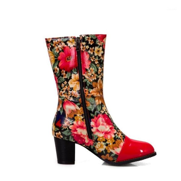 

us4-13 womens round toe floral printed ankle boots mixed colors block high heel shoes warm winter fleece liner plus size 34-481, Black