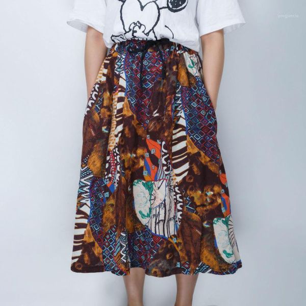 

summer women vintage skirt side pockets elastic waistline loose casual fit bohemian skirts1, Black