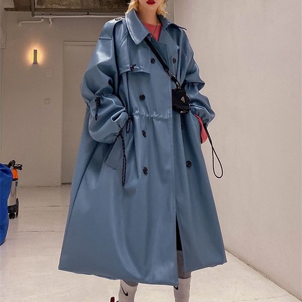 

nerazzurri oversized blue long leather trench coat women raglan sleeve drawstring loose casual plus size waterproof raincoat 7xl 201030, Black