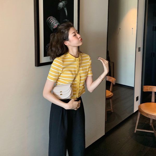 

2020 new coat style is here t-shirt women's summer thin cardigan coat stripe blouse 40kfz, White;black