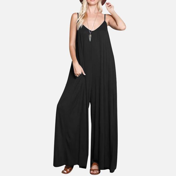 

v neck sleeveless jumpsuit for women summer loose sling plus size jumpsuits ladies 2020 solid wide leg pants overalls woman, Black;white