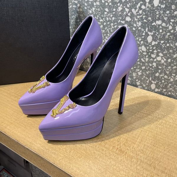 

heeled dress shoes medusa v shaped buckle colored lacquer leather pointy toes pumps designer double platform 14.5cm heels womens shoe, Black