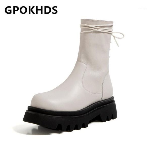 

gpokhds 2021 women ankle boots cow leather winter short plush round toe zipper platform high heels female riding boots size 401, Black