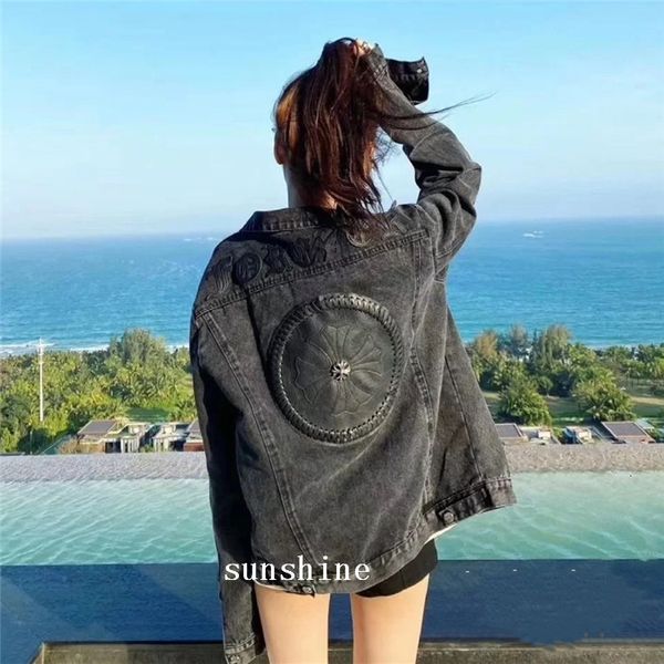 

20ss early autumn net red same crosin heavy cross sanskrit embroidery men's and women's loose denim jacket, Black