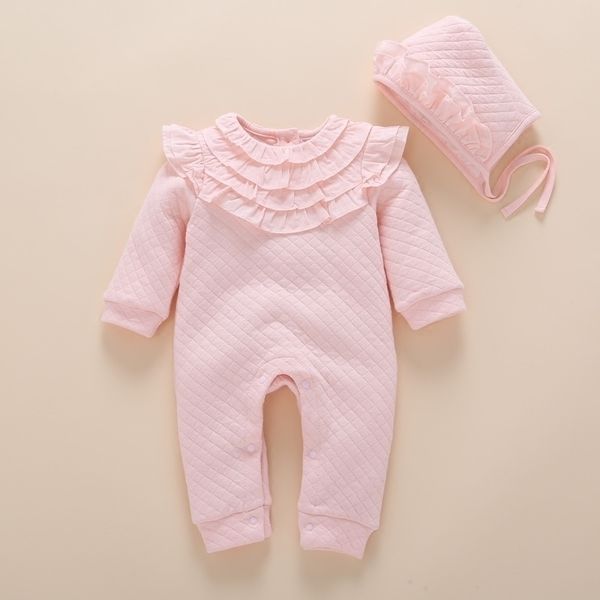 

newborn autumn winter thick lace romper baby girls pink air cotton warm rompers+kids hat baby clothes infantil jumpsuit coverall y200320, Blue