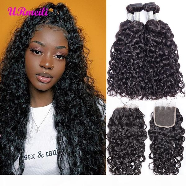 

brazilian water wave bundles with closure brazilian virgin human hair weave 3 4 bundles with closure mink wet wavy hair weave remy 1b, Black;brown