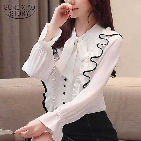 

2021 autumn casual women chiffon blouse long flare sleeve office cardigan fashion clothing shirt chic blusas mujer 5304, White