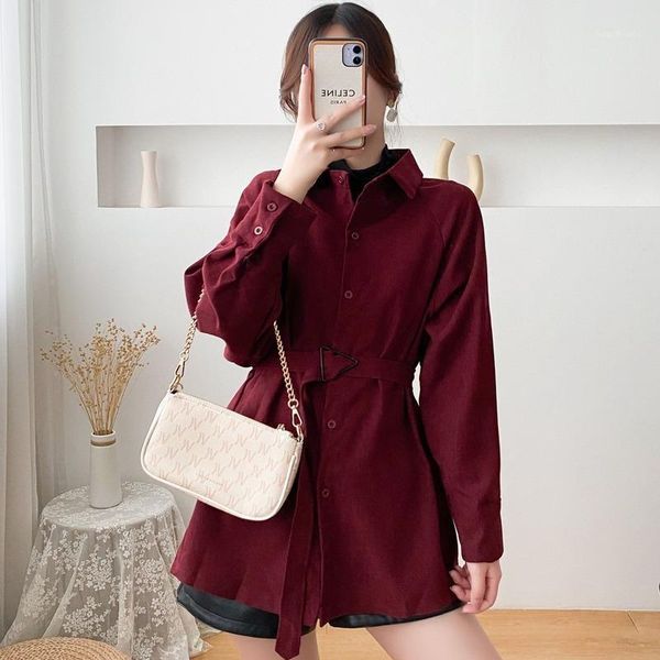 

women's clothing 2020 autumn design sense niche retro mid-length corduroy cinched blouse for women fashion blouse1, White