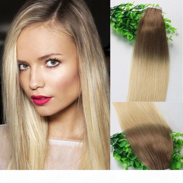 

tape in human hair extensions ombre hair dark brown 6# shade to bleached blonde 613# 40pcs 100gram brazilian remy hair, Black