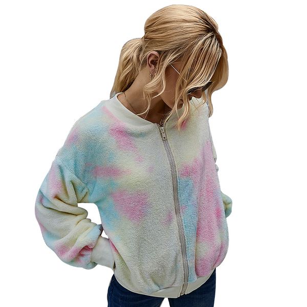 

the original cross-border womens clothing independent station network red year winter contrast color tie-dyed long sleeve plush coat women, Black