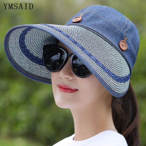 

ymsaid 2020 шляпы женщины широкий большой брим floppy summer beach sun hat соломенной шляпе кнопка cap летние шляпы женщины anti-уф visor ca, Blue;gray