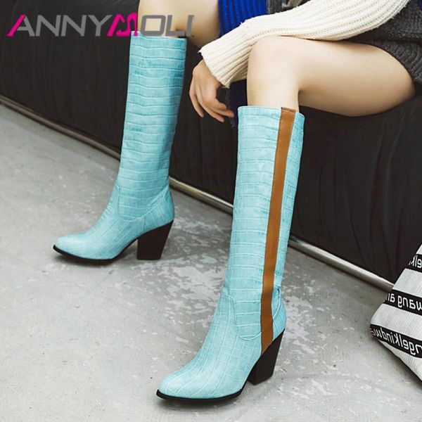 

annymoli winter knee high boots women mixed colors thick heels long boots slip on super high heel shoes lady fall big size 34-43, Black