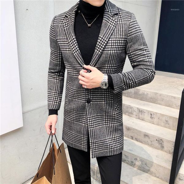 

men's new autumn plaid coat medium long youth wool fashion korean coat slim men1, Black