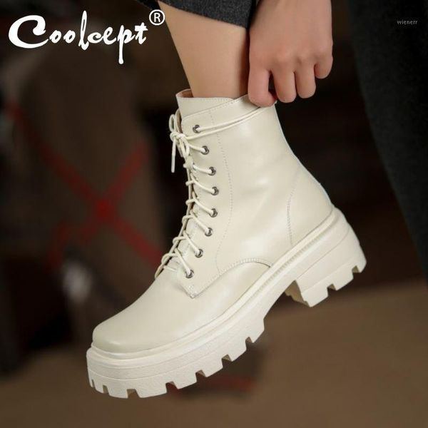 

coolcept real leather women ankle snow boots square toe cross strap zipper shoes women fashion winter party footwear size 34-411, Black