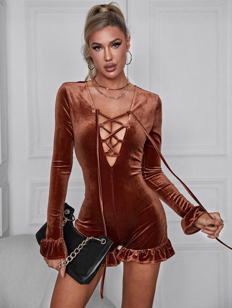 

lace up front flounce sleeve ruffle hem velvet romper 37et#, White