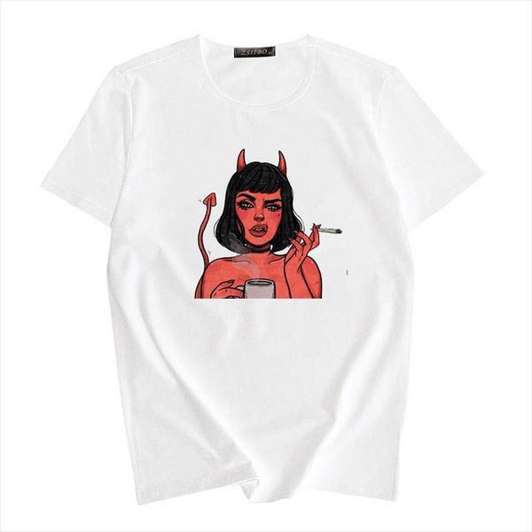 

angel protect me from my devil print tshirt harajuku cartoon print shirt ladies fashion tshirt jersey chemise dropshipping, White