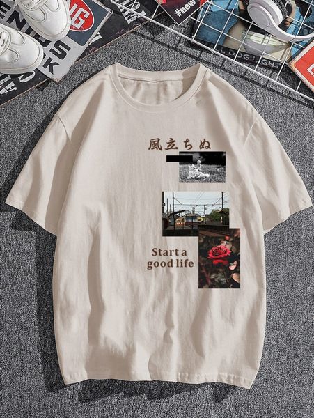 

men japanese & floral print tee u80d#, White;black
